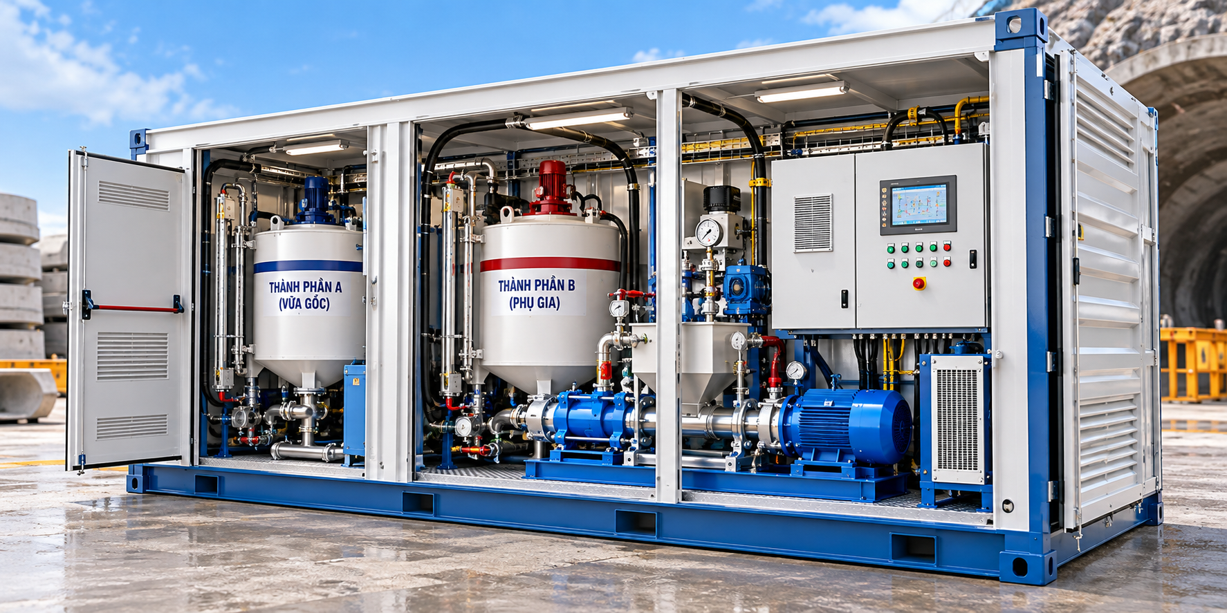 Hệ thống trộn và bơm vữa lấp khe vành khuyên trong thi công TBM 