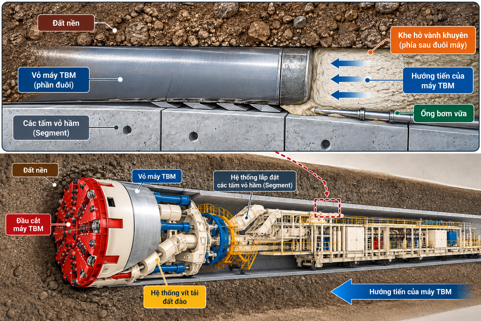 Vị trí khe hở vành khuyên và hệ thống bơm vữa trong thi công TBM 